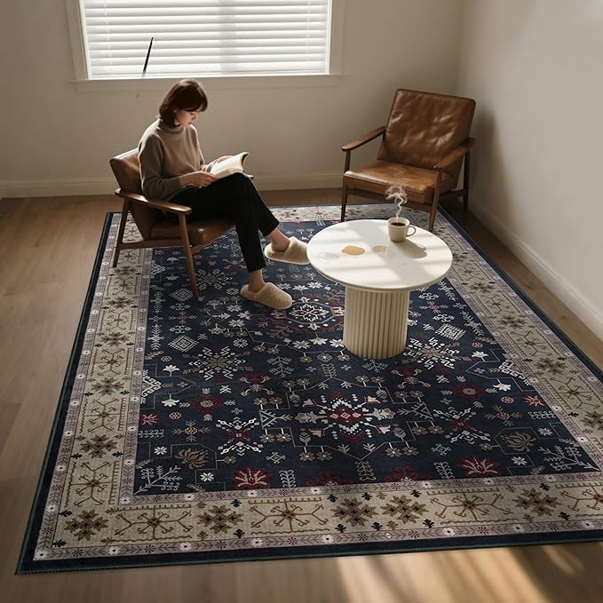 6x9 Washable Blue Area Rug for Living Room Bedroom, Boho Dining Room Rugs for Under Table, Large Low Pile Non-Slip Vintage Print Carpets for Farmhouse, Office, Dorm-CubbioJoy