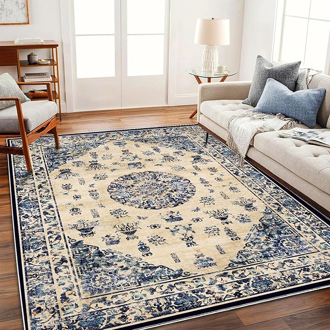 Area Rug 6'x9' Washable Vintage Traditional Floor Cover Thin Retro Kitchen Indoor Distressed Non Slip Carpet for Living Room Bedroom Dining Room-CubbioJoy