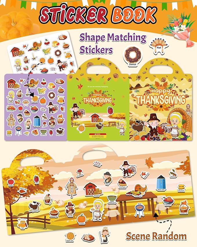 Benresive Reusable Sticker Books for Kids 2-4, Sticker Books for Toddlers 1-3 2-4, Toddler Travel Toys Activities Crafts Gifts - Thanksgiving-CubbioJoy
