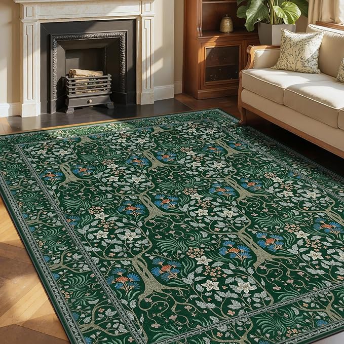 Joydeco Boho Floral 8x10 Area Rugs for Living Room, Washable Dark Green Rug Non Slip, Soft Large Low-Pile Botanical Forest Indoor Floor Throw Carpet for Bedroom Nursery Dining Office-CubbioJoy