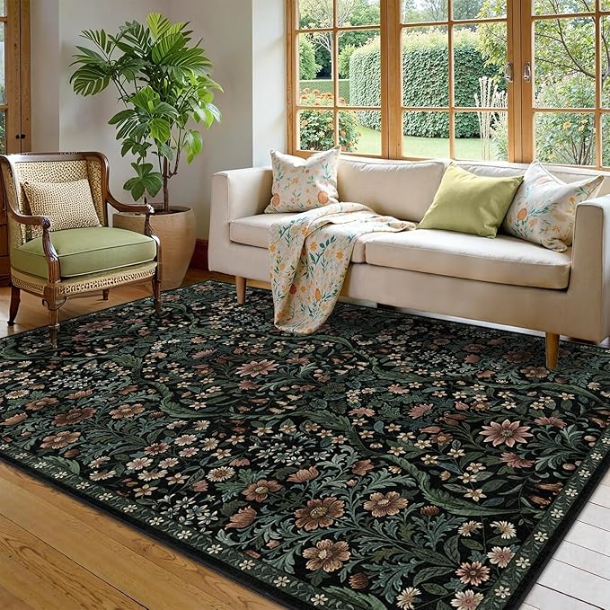 5×7 Black Washable Floral Area Rug,Vintage Boho Soft Low-Pile Living Room Rugs, Stain Resistant Botanical Non-Slip Carpet for Bedroom,Dining Room, Kids Nursery,Home Decor-CubbioJoy