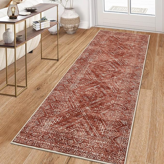 COZYLOOM 2x8 Rug Modern Indoor Area Rug Machine-Washable for Living Room or Bedroom Softness Foldable Carpet for Easy Storage Geometric Design Non Slip Rug Stain Resistant Carpet, Brick Red-CubbioJoy