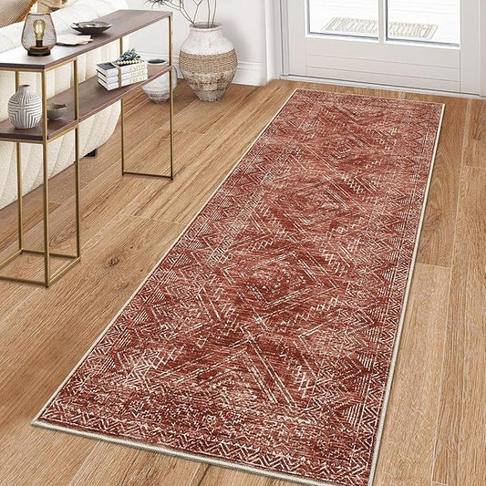 COZYLOOM 2x8 Rug Modern Indoor Area Rug Machine-Washable for Living Room or Bedroom Softness Foldable Carpet for Easy Storage Geometric Design Non Slip Rug Stain Resistant Carpet, Brick Red-CubbioJoy