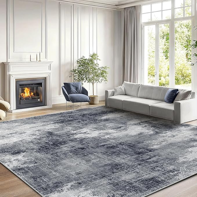 Amada 9x12 Large Area Rug, Modern Abstract Living Room Rug with Non-Slip Backing & Short Pile, Washable Rug with Abstract Pattern for Living Room, Bedroom and Dinning Room, Grey-CubbioJoy