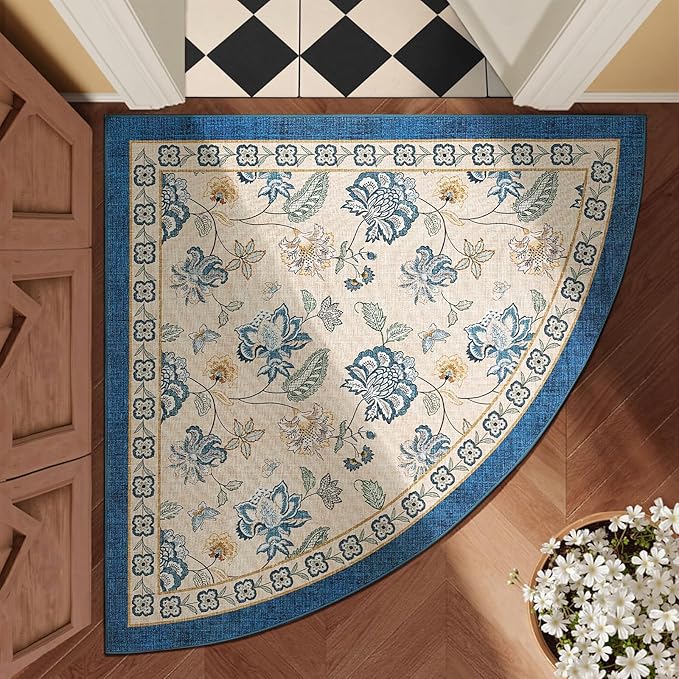 jinchan Floral Corner Rug for Entryway Washable Kitchen Rug Vintage Romance Design Non Slip Quarter Circle Lightweight Low-Pile Throw Carpet for Playroom Reading Nook Nursery, 4ft Radius, Blue/Beige-CubbioJoy