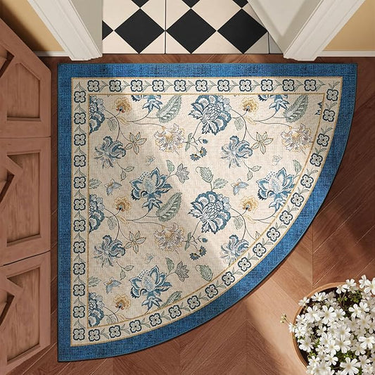 jinchan Floral Corner Rug for Entryway Washable Kitchen Rug Vintage Romance Design Non Slip Quarter Circle Lightweight Low-Pile Throw Carpet for Playroom Reading Nook Nursery, 4ft Radius, Blue/Beige-CubbioJoy
