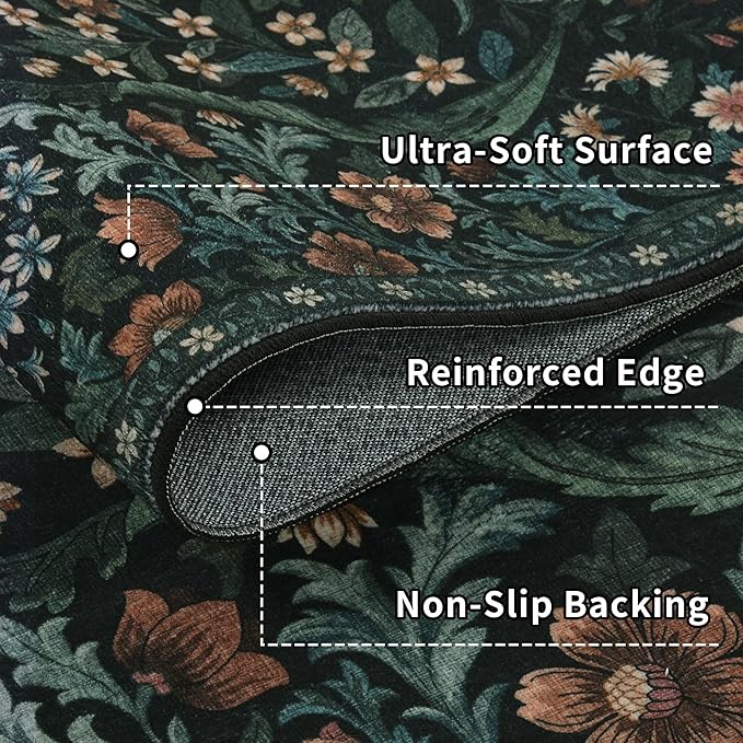 3x5 Black Boho Floral Vintage Area Rug,Soft Lightweight Low Pile Non-Shedding Carpet,Machine Washable Stain Resistant & Non-Slip for Entryway,Bedroom, Kids Room,Living Room-CubbioJoy