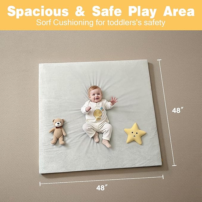 48" ×48" Padded Baby Play Mat for Floor, 1.2" Thick Memory Foam Mat with Machine Washable Cover, Soft Tummy Time Crawling Playmat with Non-Slip Bottom, Fits 50" x50" Playpens-CubbioJoy