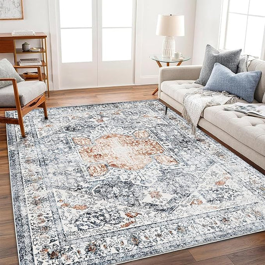 Area Rug 9x12 Washable Orange Gray Vintage Traditional Mat Distressed Indoor Foldable Thin Retro Accent Floral Print Rug Non Slip Carpet Living Room Dining Room Office-CubbioJoy