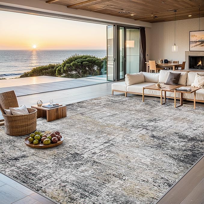 Area Rugs Living Room Rug - 5x7 Washable Modern Abstract Soft Neutral Non-Slip Carpet Large Indoor Floor Thin Carpets for Bedroom Dining Room Farmhouse Nursery Home Office Brown Black Grey-CubbioJoy