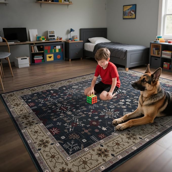 6x9 Washable Blue Area Rug for Living Room Bedroom, Boho Dining Room Rugs for Under Table, Large Low Pile Non-Slip Vintage Print Carpets for Farmhouse, Office, Dorm-CubbioJoy