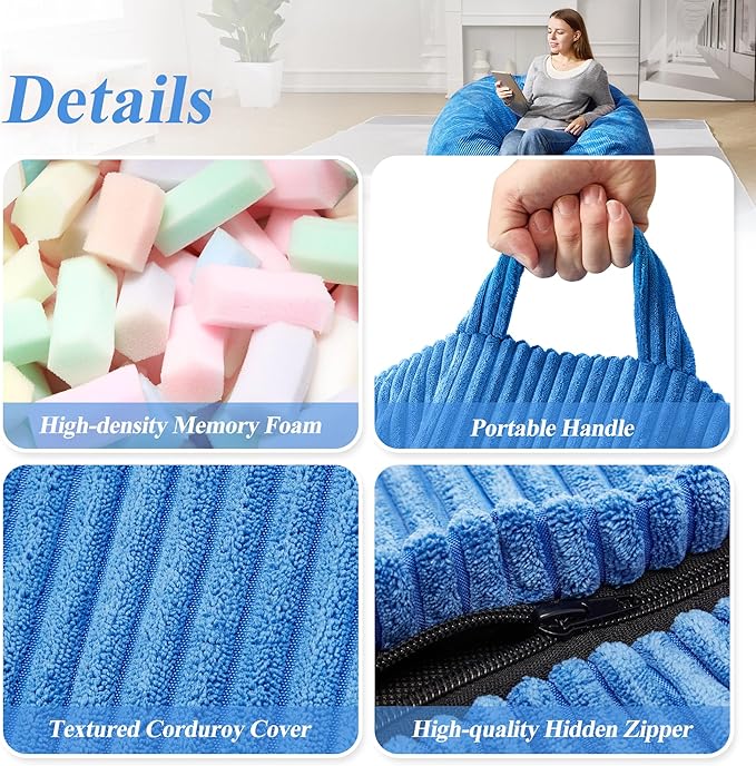 3.5FT Bean Bag Chairs Teardrop Bean Bag Chair for Adults Beanbag Chair with Memory Foam Filled Machine Washable Cover for Living Room, Bedroom (Large,Blue)-CubbioJoy