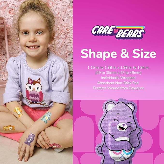 BioSwiss Care Bears Bandages, Unlock The Magic Care Bear Shaped Self Adhesive Bandage, Latex Free Sterile Wound Care, Fun First Aid Kit Supplies for Kids, 24 Count-CubbioJoy