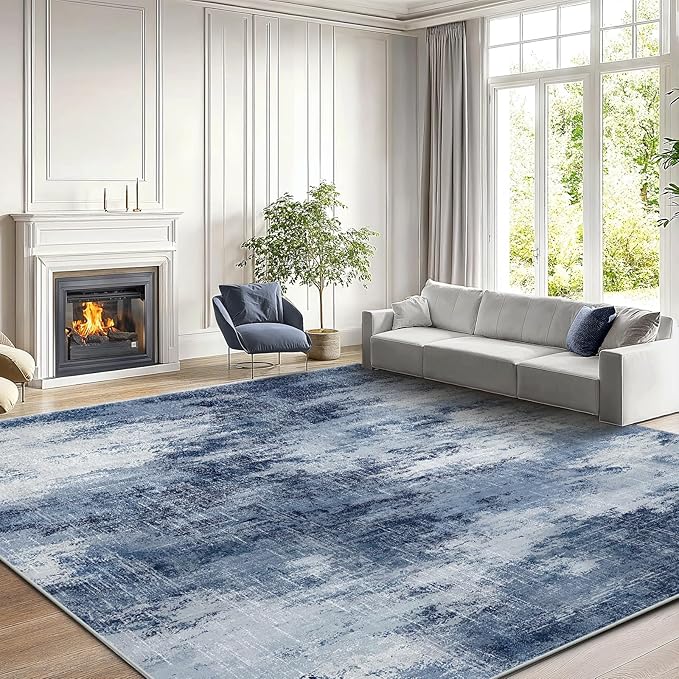 Amada 8x10 Washable Area Rug, Modern Abstract Living Room Rug with Non-Slip Backing & Short Pile, Large Rug with Abstract Pattern for Living Room, Bedroom and Dinning Room, Dark Blue-CubbioJoy