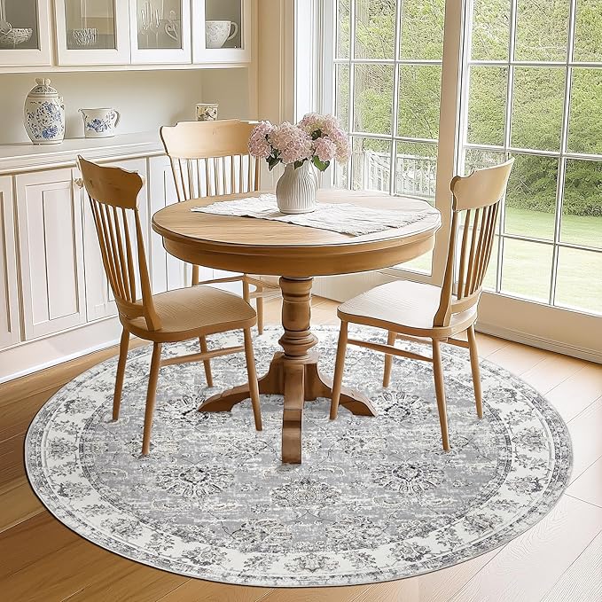 jinchan Round Rug 6ft Area Rugs Vintage Floral Distressed Design - Machine Washable Non-Slip Low-Pile Ultra-Thin Circle Rug for Entryway Bedside Living Room Dining Room Bedroom (6' Round,Grey)-CubbioJoy