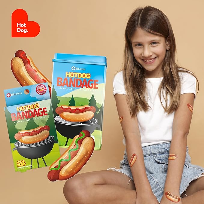 BioSwiss Bandages, Hot Dog Shaped Self Adhesive Bandage, Latex Free Sterile Wound Care, Fun First Aid Kit Supplies for Kids, 24 Count-CubbioJoy