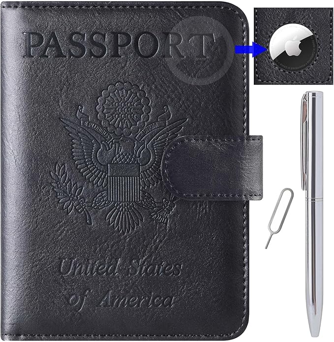 Airtag Passport Holder Cover Wallet Travel Essentials Leather RFID Blocking Case Vacation Luggage Must Haves Travel Accessories for Men Women (117#Black)-CubbioJoy