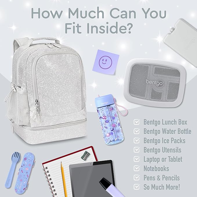 Bentgo Kids 2-in-1 Backpack & Insulated Lunch Bag - Glitter Designed 16” Backpack for School & Travel -, Durable, Water Resistant, Padded, & Large Compartments (Glitter Edition - Silver)-CubbioJoy