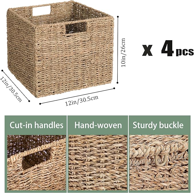 12x12x10in Seagrass Storage Baskets Set of 4, Large Wicker Storage Basket, Decorative Seagrass Shelf Basket, Pantry Baskets Organization,Folding Storage Cube Bins-CubbioJoy