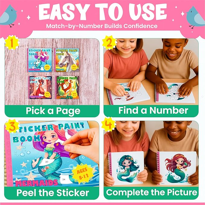 BulbaCraft 4Pcs Sticker Paint Books for Girls - Sticker Books by Number with Mermaids, Princesses, Animals and Horses - Coloring Activity for Kids-CubbioJoy
