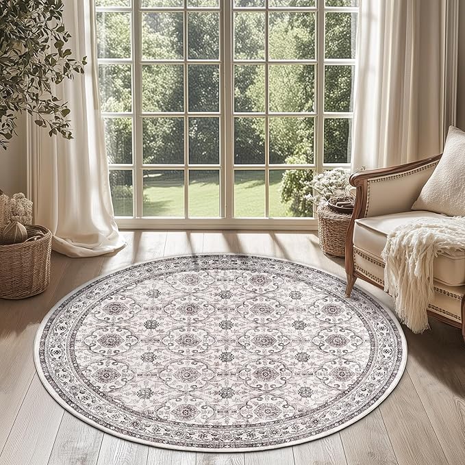jinchan Round Rug 4ft Washable Circle Soft Rug - Low Pile Vintage 4'Round Indoor Beige Floral Print Stain Resistant Boho Carpet Ultra-Thin Non-Slip for Entryway Nursery Bedroom Dining Room Kitchen-CubbioJoy