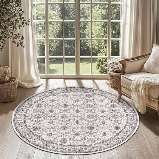 jinchan Round Rug 4ft Washable Circle Soft Rug - Low Pile Vintage 4'Round Indoor Beige Floral Print Stain Resistant Boho Carpet Ultra-Thin Non-Slip for Entryway Nursery Bedroom Dining Room Kitchen-CubbioJoy