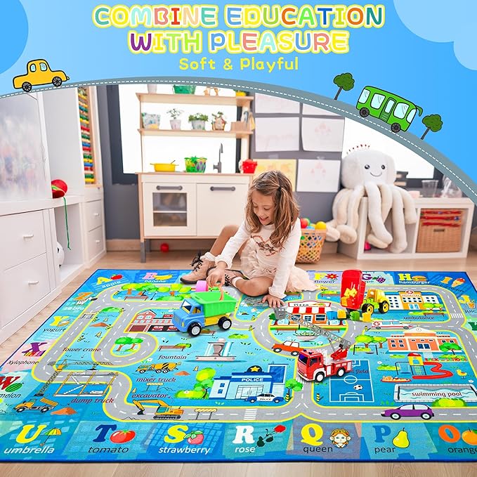 Chicrug 5x8 Car Road Area Rug for Kids Playroom Bedroom, Non Slip Low Pile Washable ABC Alphabet Carpet for Classroom, City Track Play Mat for Toddler Children Nursery Baby Room Decor, Blue-CubbioJoy