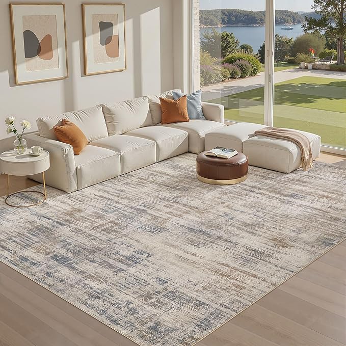 Area Rug for Living Room: 10x12 Washable Neutral Abstract Modern Soft Rugs Non Slip Indoor Floor Stain Resistant Large Carpet for Bedroom Dining Room Office Nursery - Brown-CubbioJoy