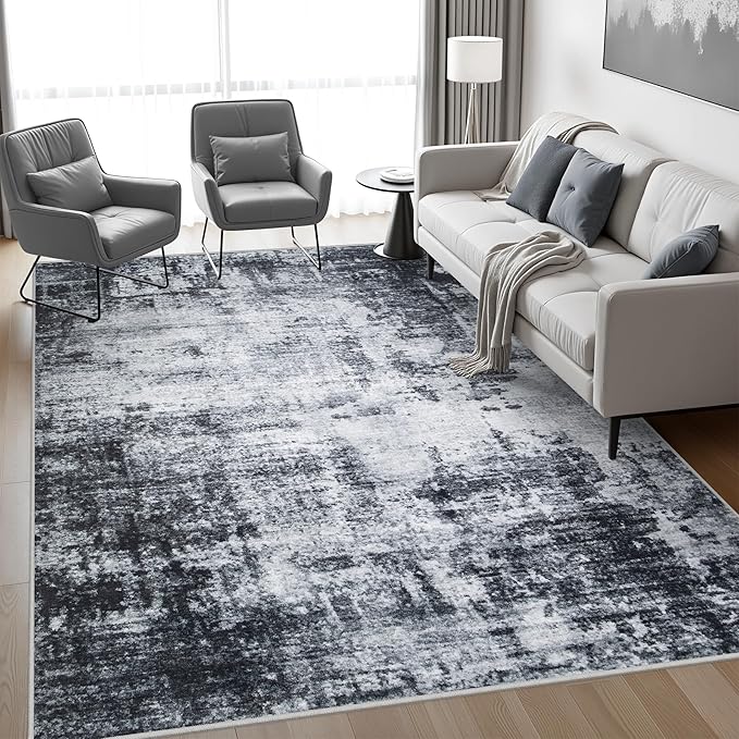 6x9 Area Rug Living Room Rug: Washable Modern Abstract Soft Thin Rug Indoor Floor No Slip Stain Resistant Carpet for Bedroom Dining Room Farmhouse Nursery Home Office - Dark Black-CubbioJoy