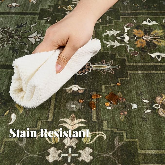 8x10 Washable Area Rug for Living Room, Non Slip Vintage Floral Print Rugs No Shedding, Distressed Thin Retro Accent Carpet for Bedroom Nursery Farmhouse Dining Room Dark Green-CubbioJoy