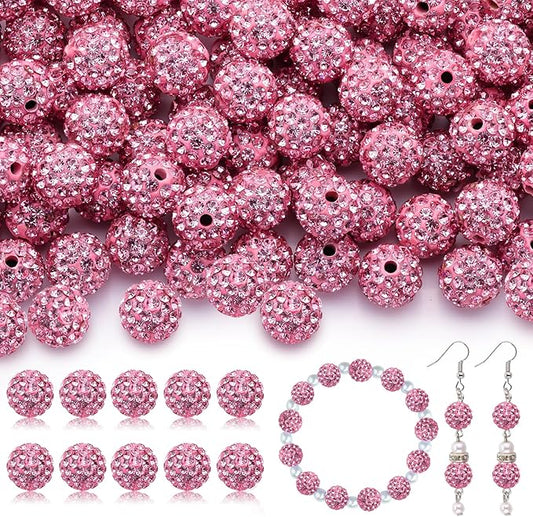 200pcs 10mm Rhinestone Beads for Jewelry Making, Dark Pink Shiny Round Disco Ball Beads Bulk, Sparkle Crystal Clay Christmas for Bracelet Baseball Necklace Earring Crafting and DIY-CubbioJoy