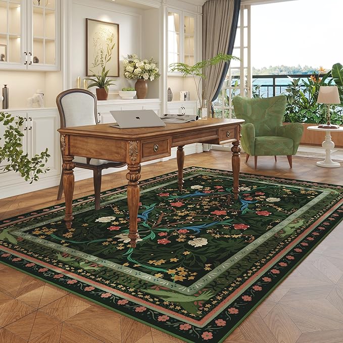5x7 Washable Rug Vintage Floral Botanical Area Rug Non Slip Low Pile Large Rugs for Living Room, Bedroom, Farmhouse, Dining Room, Kids Playroom, Green-CubbioJoy