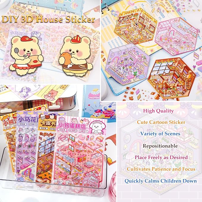 4 Sets DIY 3D House Sticker Make Your Own Mini Flower Shop, Bookstore, Cake Shop, Burger Shop Scenes Stickers for Kids Cartoon Scene Stickers for Adult Relief Stress Pass The Time-CubbioJoy