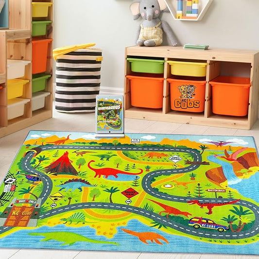 KC Cubs 8x10 Dinosaur Toy Car Dino Road Rug – Educational Play Mat Carpet for Kids, Toddlers, Nursery, Classroom, Playroom, Baby Daycare, Boys & Girls-CubbioJoy