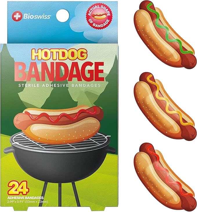 BioSwiss Bandages, Hot Dog Shaped Self Adhesive Bandage, Latex Free Sterile Wound Care, Fun First Aid Kit Supplies for Kids, 24 Count-CubbioJoy