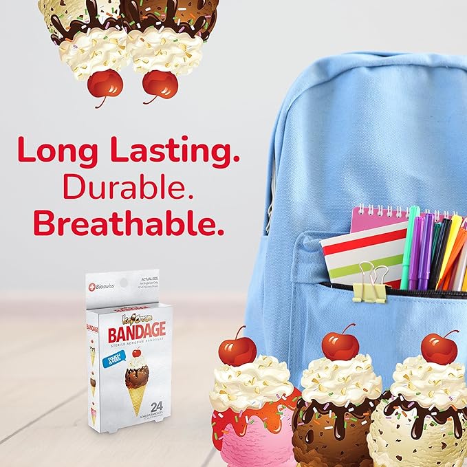 BioSwiss Bandages, Ice Cream Shaped Self Adhesive Bandage, Latex Free Sterile Wound Care, Fun First Aid Kit Supplies for Kids, 24 Count-CubbioJoy