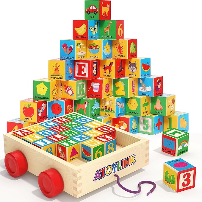 Atoylink ABC Wooden Building Blocks for Toddlers 1-3, 30 Pcs Alphabet & Number Stacking Toys with Storage Pull Toy Car Learning & Education Montessori Toys for 1 2 3 Year Old Baby Boy Girl Gifts-CubbioJoy