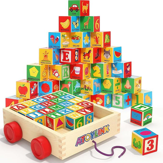 Atoylink ABC Wooden Building Blocks for Toddlers 1-3, 30 Pcs Alphabet & Number Stacking Toys with Storage Pull Toy Car Learning & Education Montessori Toys for 1 2 3 Year Old Baby Boy Girl Gifts-CubbioJoy