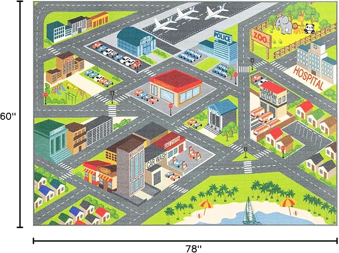 KC Cubs 5x7 City Streets Car Road Rug – Educational Non-Slip Play Mat for Kids, Toddlers, Nursery, Classroom, Playroom, Baby Daycare, Boy Girl Carpet-CubbioJoy