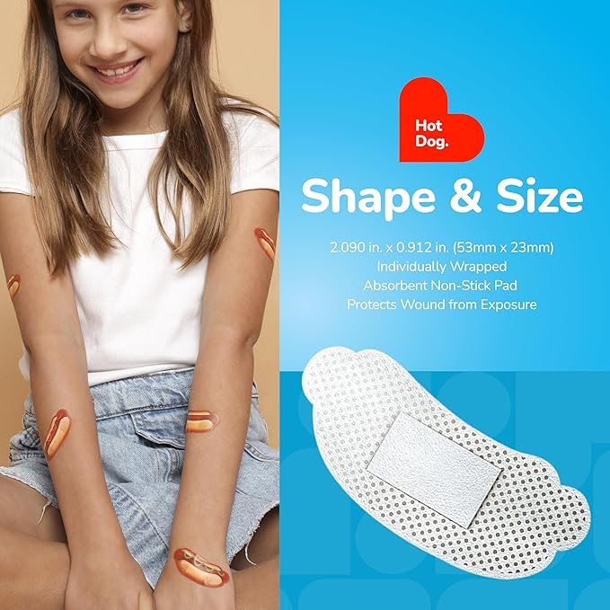 BioSwiss Bandages, Hot Dog Shaped Self Adhesive Bandage, Latex Free Sterile Wound Care, Fun First Aid Kit Supplies for Kids, 24 Count-CubbioJoy