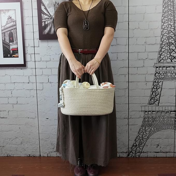 Baby Diaper Caddy Organizer for Girl Boy Cotton Rope Nursery Storage Bin Basket Portable Holder Tote Bag for Changing Table Car Travel Baby Shower Gifts Newborn Registry Must Have Items oatmeal-CubbioJoy