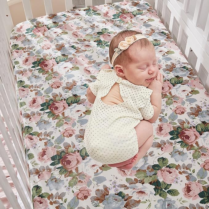 Brandream French Country Garden Floral Crib Bedding Sets for Girls Baby Nursery Bedding Set 3 Piece Ruffled Baby Quilt, Crib Sheet, Crib Skirt - White Blush Pink Green-CubbioJoy