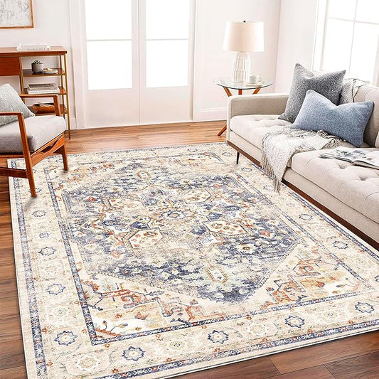 Area Rug 5'x7' Blue Khaki Washable Vintage Traditional Floor Cover Thin Retro Kitchen Indoor Distressed Non Slip Carpet Floral Print Mat for Living Room Bedroom Dining Room-CubbioJoy