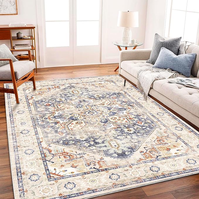 Area Rug 6'x9' Blue Khaki Washable Vintage Traditional Floor Cover Thin Retro Kitchen Indoor Distressed Non Slip Carpet Floral for Living Room Bedroom Dining Room-CubbioJoy