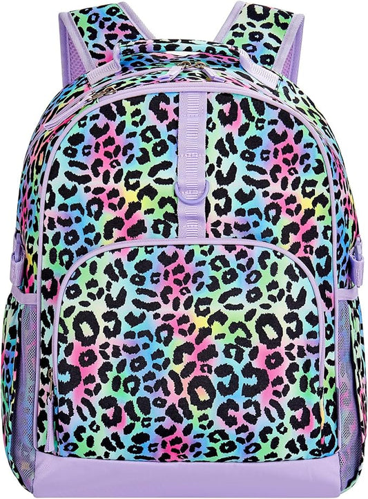 Choco Mocha Cheetah Backpack for Girls, Elementary School Backpack for Girls Ages 6-8 Kids Kindergarten Backpack Bookbag 17 Inch with Chest Strap, Colorful-CubbioJoy