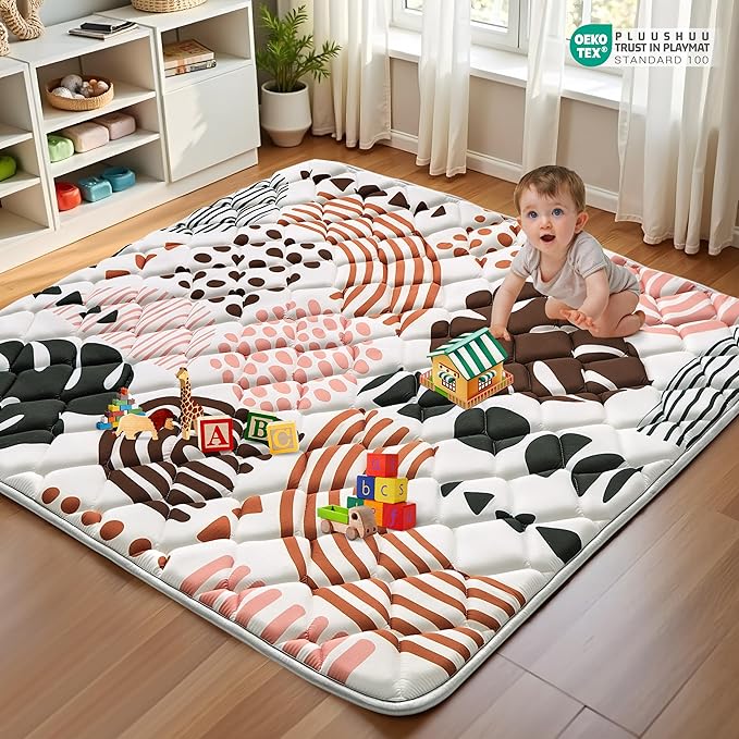 Baby Play Mats for Floor, 50x50 Playpen Mat for Babies, Extra Thicker & Soft Floor Crawling Mat, Foldable Non-Slip Playmat for Infants Toddlers, Boho Leaf Dark Brown-CubbioJoy