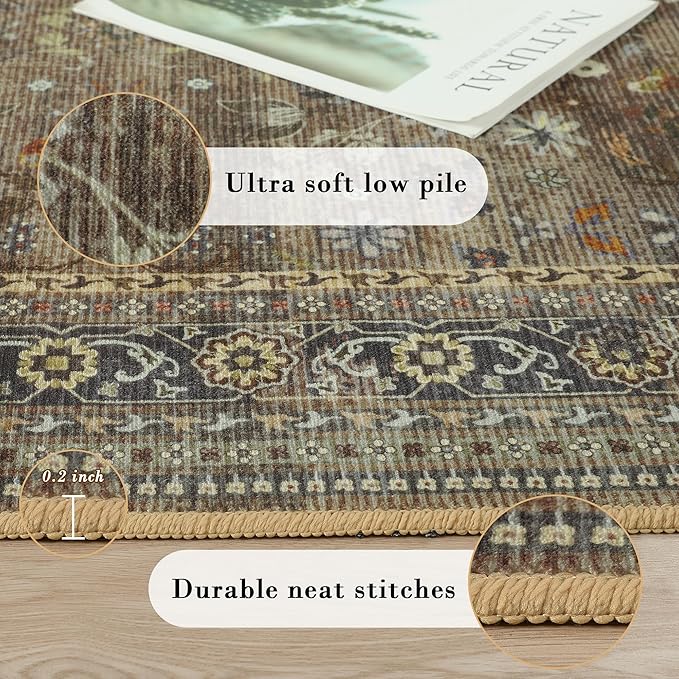 2x6 Washable Kitchen Runner Rug for Hallways, Non Slip Laundry Runners for Bathroom, Low Pile Rubber Backed Rugs for Entryway, Vintage Floral Carpet for Living Room Bedroom Brown/Yellow-CubbioJoy