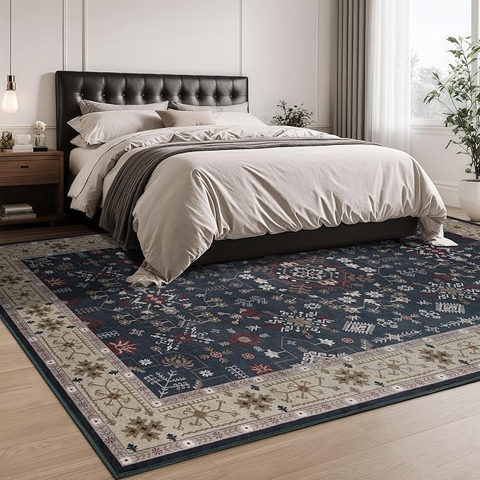 6x9 Washable Blue Area Rug for Living Room Bedroom, Boho Dining Room Rugs for Under Table, Large Low Pile Non-Slip Vintage Print Carpets for Farmhouse, Office, Dorm-CubbioJoy