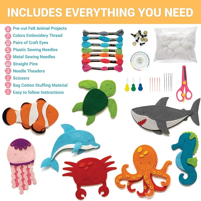 Craftorama Sewing Kit for Kids, Fun and Educational Sea Animal Craft Set for Boys and Girls Age 7-12, Sew Your Own Felt Animals Craft Kit for Beginners, 165 Piece Set-CubbioJoy