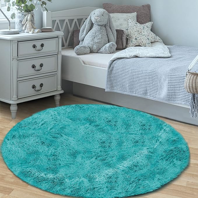 4FT Round Rug for Bedroom: Fluffy Shag Soft Washable Rugs Circle Small Fuzzy Plush Indoor Carpet for Living Room Nursery Playroom Dorm Kids Girls Boys Room (Teal Blue, 4'x4')-CubbioJoy
